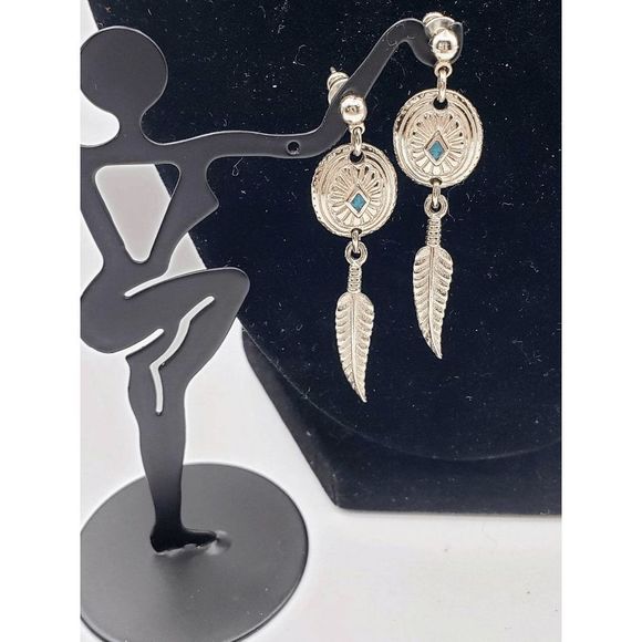 Silver-tone and Turquoise Shield w/Feathers Earrings - 1.75" inches - Picture 1 of 3